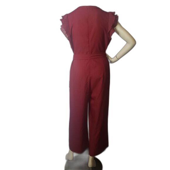 SHEIN Jumpsuit Womens XL Red Ruffle Sleeve Belted Keyhole Back Wide Leg Romper - Picture 2 of 10